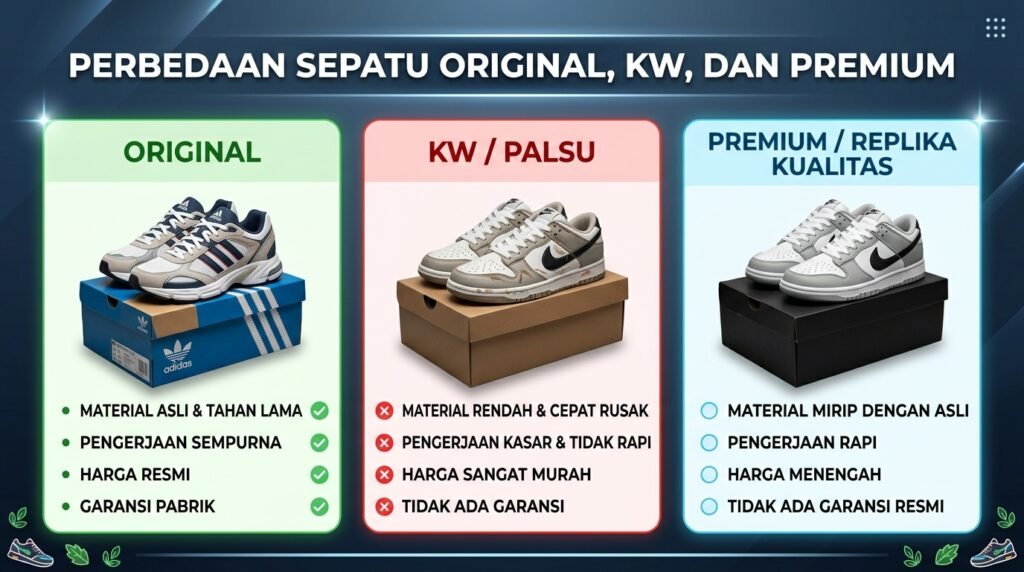 cara memilih sepatu kw, ori, dan premium
